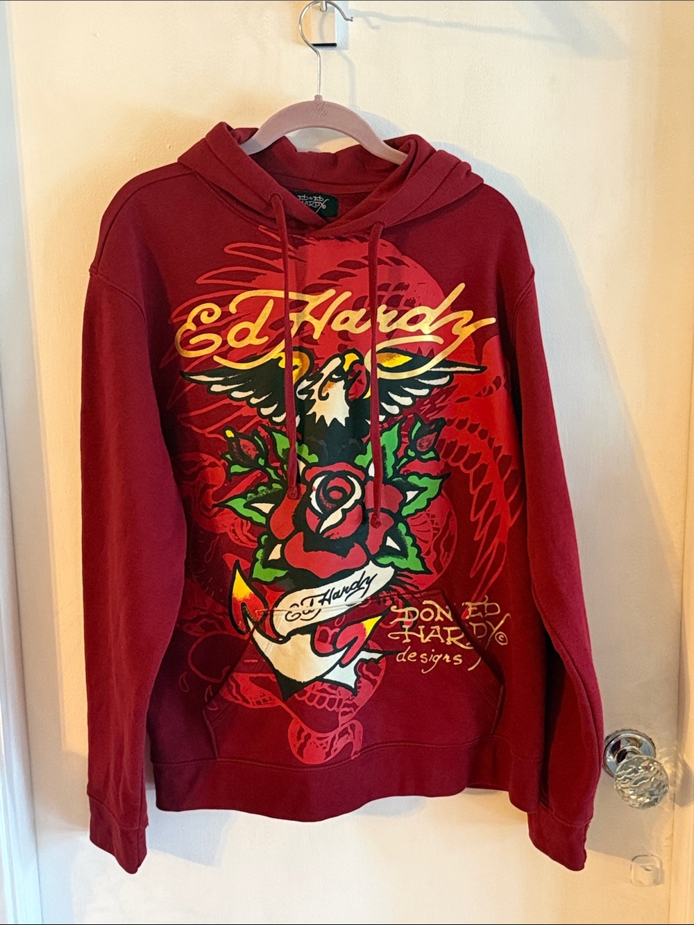 Ed Hardy Maroon Graphic Pullover Hoodie with Red & Green Print